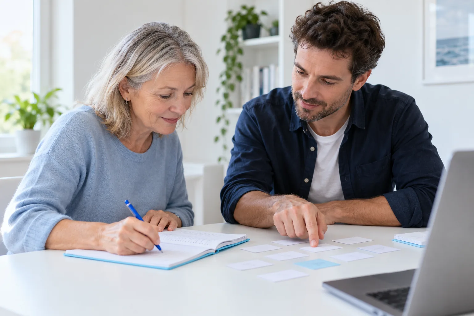 An adult learner choosing vocabulary practice with a tutor and checked notes.