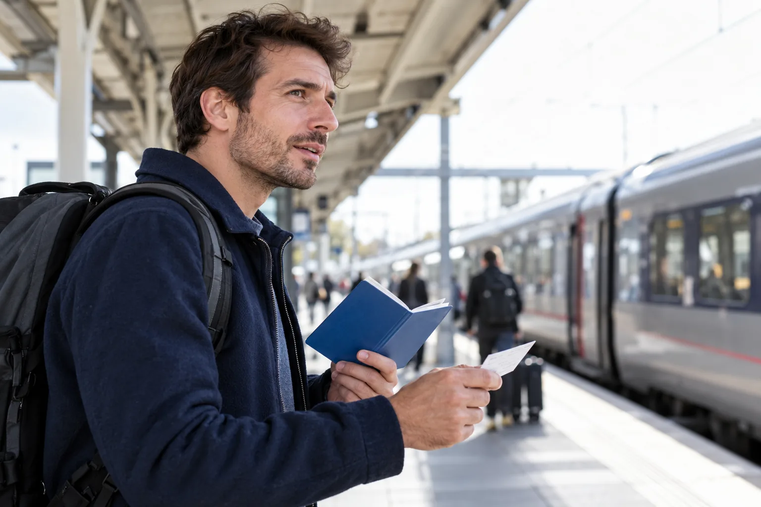 A learner checking a pocket vocabulary notebook and ticket at a railway station.
